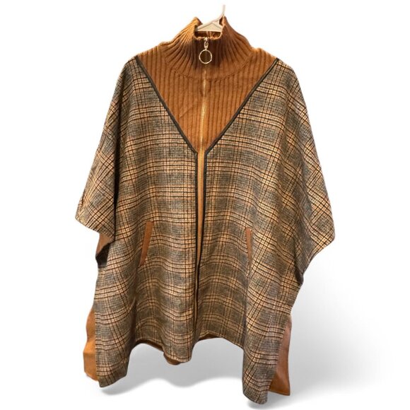 Anthropologie Akemi + Kin Holden Oversized Brown Wool Blend Plaid Poncho OS - Picture 1 of 7